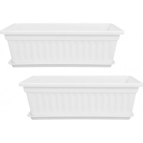 Set mit 2 rechteckigen, weißen Kunststoff-Pflanztöpfen, robuste Pflanzgefäße für drinnen und draußen, ideal für Gemüse und Blumen mit guter Drainage. (1/4)