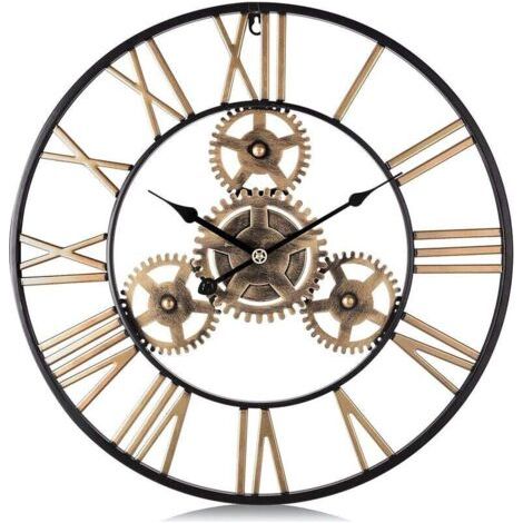 Horloge Murale Engrenages Or Geante Métal Industrielle 50cm Pendule Murale Quartz Chiffres Romains Silencieuse pour Salon Bar Restaurant