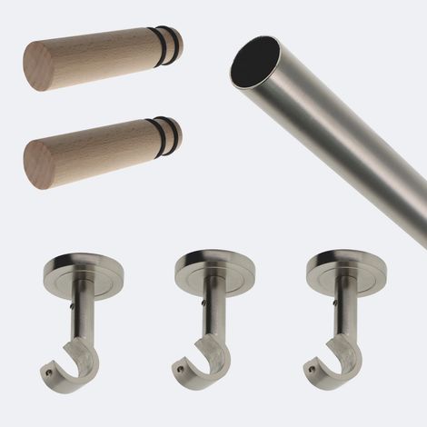 Kit de tringle à rideaux Nickel Mat 250cm Diam.20mm Embout Cylindre Bois - Fixation Plafond - Boulet (1/3)