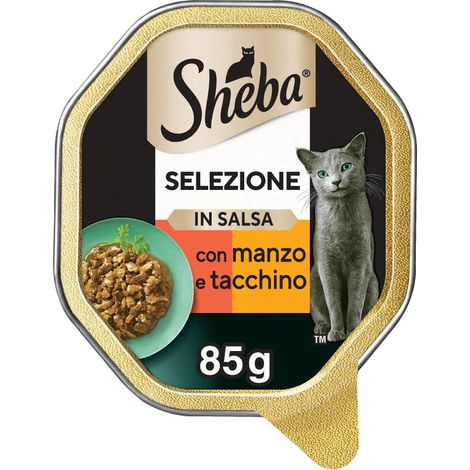 Sheba Selezione in Salsa, Cibo Umido per Gatti con Succulento Manzo & Tacchino - 22 Vaschette da 85 g, Totale: 1870 g (1/5)