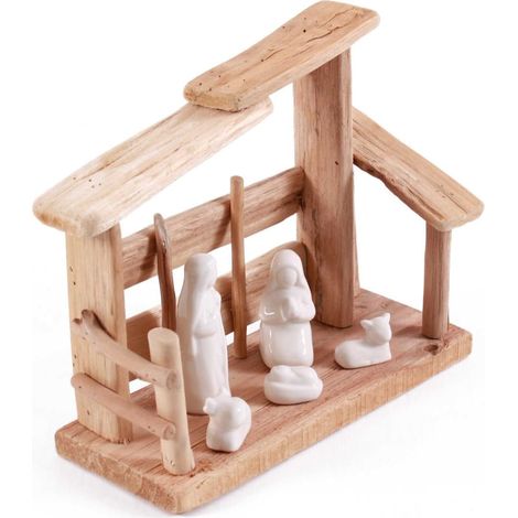 Nativité en bois et céramique, 25 x 10 x 21 cm