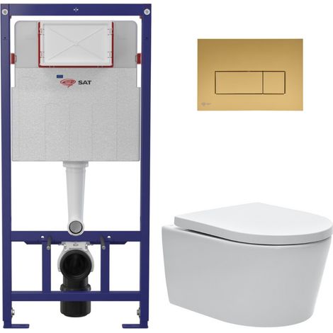 Swiss Aqua Technologies Pack WC bastidor ECO 2L SAT + Inodoro suspendido sin brida SAT + placa oro (STESTBRWR06-IN)
