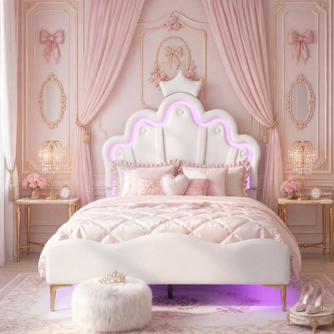 Superaly Lit Simple Capitonné 90x200 cm, Lit pour Enfant avec télécommande LED, Tête de Lit Réglable en Forme de Nuage, Lit Crown Princess pour Fille,Sommier à lattes, PU, Style Nordique, Blanc