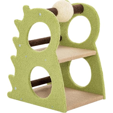 GOPLUS Arbre a Chat 58 CM en Forme de Dinosaure, Griffoir pour Chat avec 2 Plateformes, Balle Rotative en Sisal, 4 Trous Traversés, 2 Barres et Base Large, Arbre à Chaton 2 Niveaux en Tissu Teddy Doux (1/5)