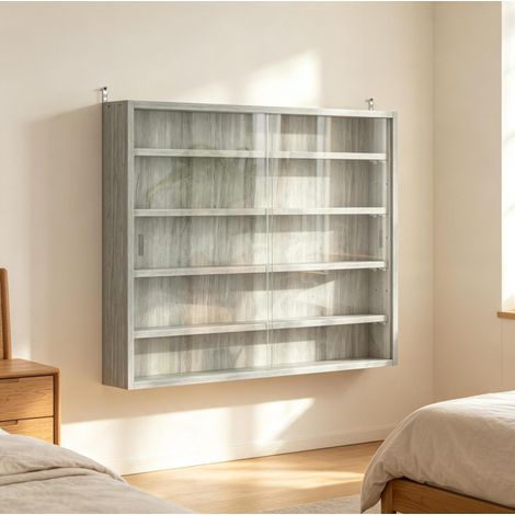 Vetrina murale in vetro 80 x 9,5 x 60 cm, 4 ripiani regolabili, grigia DESVIAE (1/5)
