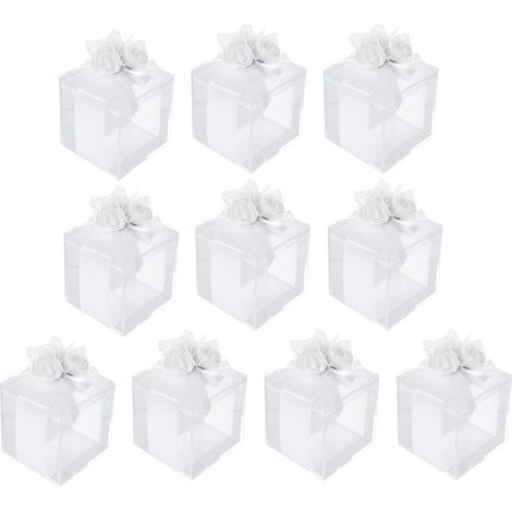 Soavoa Boîte à Dragées en Plastique Transparent avec Ruban et Nœud Papillon, Emballage Cadeau Mariage, Lot de 10 Pièces (1/4)