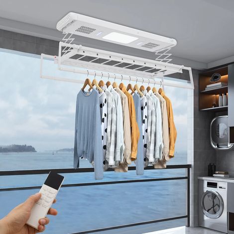 Sèche-linge électrique mural et plafond avec télécommande et Éclairage LED, Etendoir électrique en aluminium et acier pour balcons domestiques, salles de bains et d'autres occasions