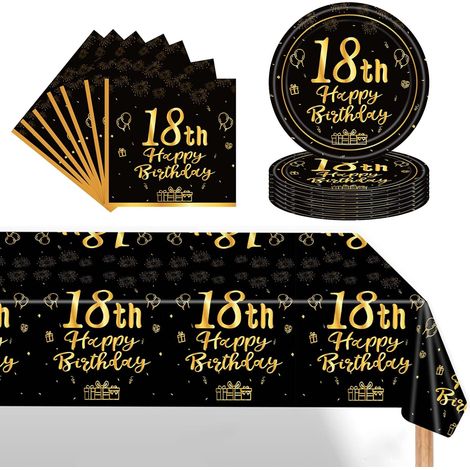 37 Pièces Assiette Vaisselle Anniversaire Kit,Noir Or Decoration Anniversaire 18 Ans Garçon Fille,Nappe Papier Assiette Serviette pour Decoration Anniversaire 18 Ans Cadeau (1/5)