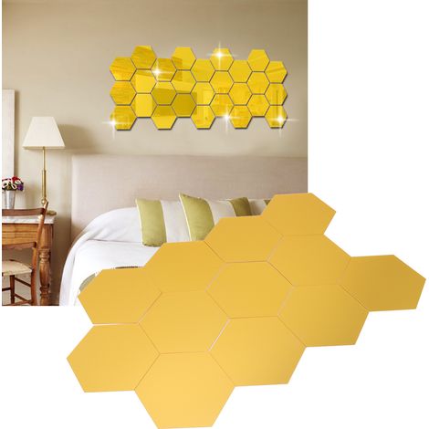 Stickers muraux hexagonaux en acrylique effet miroir, à poser soi-même pour décorer votre intérieur. Idéaux pour le salon et la chambre. Couleur or, lot de 12, taille XL : 15 cm. (1/5)