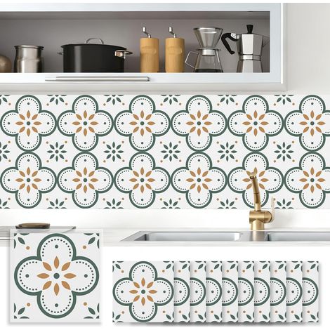 0.4m² Credence Adhesive  20 x 20cm Stickers Carrelage Cuisine  Carrelage Carreaux Adhésif Salle de Bain  Fleurs Vertes  Recoller  Facile à Nettoyer  10 Pièces (1/5)