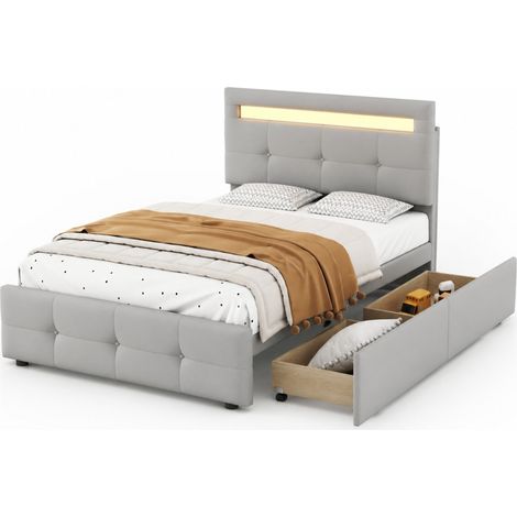 Lit rembourré 90 x 200 cm avec LED, 2 tiroirs, tête de lit réglable, tissu gris, sommier à lattes, style classique pour chambre d'enfant et d'ado - CHICFURN (1/5)