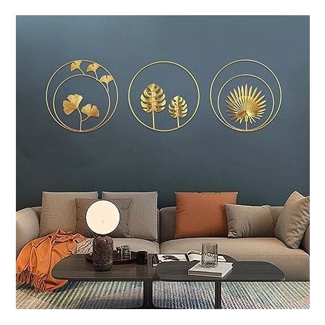 lot de 3 Sculptures Murales en Fer Métal Feuilles de ginkgo et palmier dorées - Décoration murale ronde pour maison, bureau, salon, hôtel (Tour) (1/5)