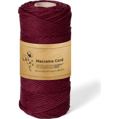 STANKE Fil macramé 3mm 100 m couleur Bordeaux - fil de coton pour crochet, DIY boho, paniers, attrape-rêves - corde coton pour guirlandes, dessous de verre, sacs - 100% cotton, torsadé, grande bobine (1/5)