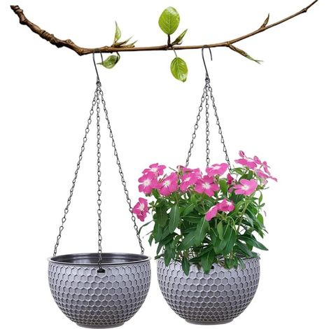 Pots de fleurs suspendus, pots de plantes suspendus à arrosage automatique avec drainage, panier suspendu gris, pots de plantes suspendus pour usage extérieur. (1/5)