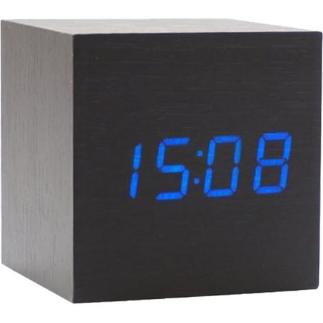 Réveil numérique cube en bois, horloge de voyage portable, affichage de l'heure, de la température et du calendrier, noir (1/5)