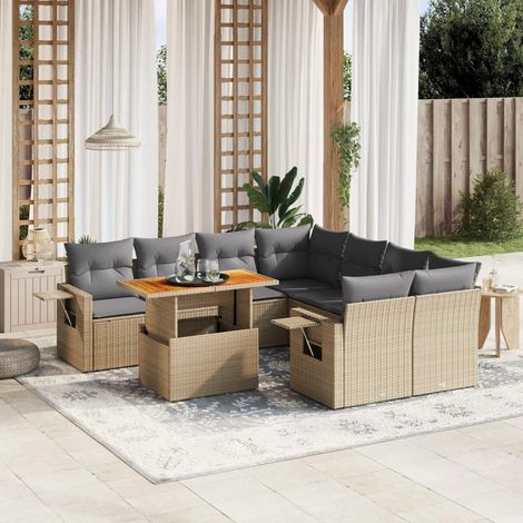 Ensemble de jardin 9 places en résine tressée beige avec table extensible et coussins lavables - Salon d'extérieur modulaire avec repose-bois gaz (1/3)