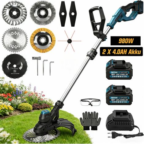 7 IN 1 980W Debroussailleuse à Batterie Electrique Brushless avec 2x4.0AH Batt. 14800 RPM, Coupe-Bordures Sans Fil avec 7 Types de Lames Ø300 mm Max, pour la Coupe de Jardin, Pelouse