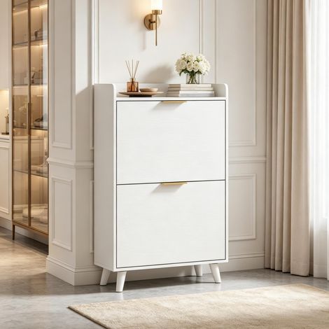 Zapatero estrecho blanco con 2 puertas abatibles y estantes regulables, 70 x 30 x 120 cm (1/5)