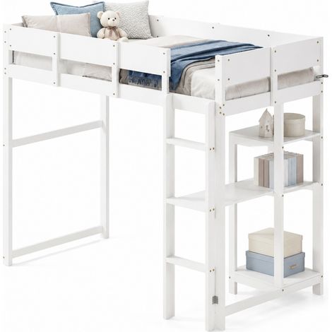 Lit mezzanine 90 x 200 cm blanc avec étagère de rangement, en bois de pin, pour enfant et ado, gain de place, pour chambre partagée, avec sécurité et lattes  CHICFURN (1/5)