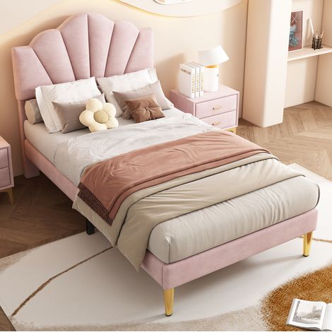 Lit rembourré en velours rose 90 x 200 cm, tête de lit coquillage réglable, sommier à lattes bois et métal, pieds dorés – de FLORAGRACE pour votre chambre (1/5)