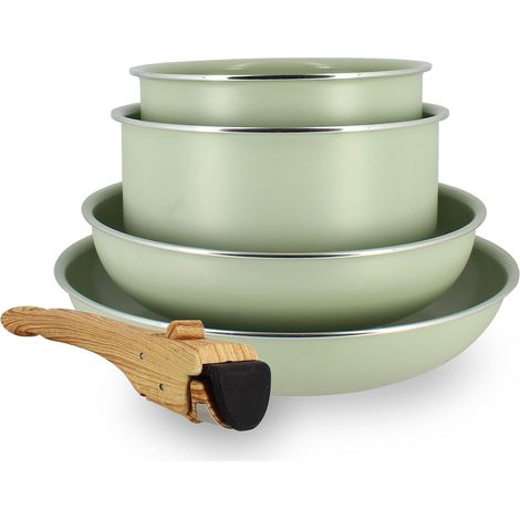 Batterie de Cuisine Amovible Empilable - Tous Feux Dont Induction - Revêtement Céramique Antiadhésif sans PFAS - Gamme Colorama - Couleur Céladon - 2 Poêles + 2 Casseroles + 1 Poignée (1/5)