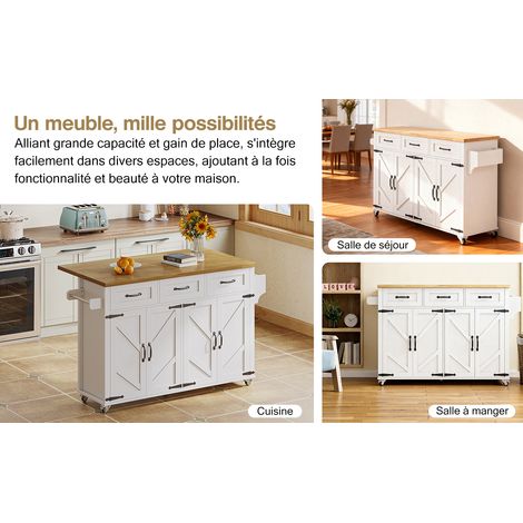 Îlot de cuisine avec plan de travail réglable. Equipé de 5 roulettes réglables, 4 portes, 3 tiroirs, ainsi que des étagères pour les serviettes à double usage. (1/5)