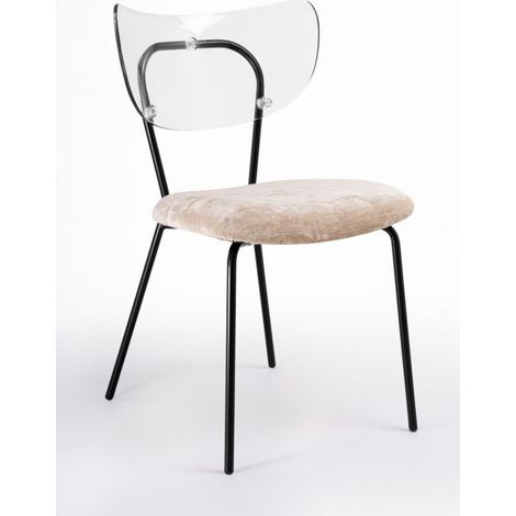 Sedia trasparente velluto imbottita Made in Italy, telaio in metallo NERO spalliera traslucida NEUTRA - SURI - 5 colori COLORE Velluto Beige - Telaio Nero Opaco (1/5)