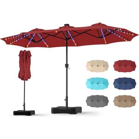 COSTWAY Ombrellone da Giardino Doppio 370 x 220 cm, con 12 Stecche, 108 Luci LED Solari, 12 Modalità, 3 Prese d'Aria, Manovella e Base, Anti-UV, per Spiaggia, Piscina e Cortile (Bordeaux) (1/4)