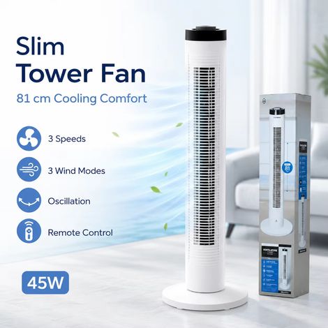Ventilateur tour mince 81 cm 45 W, oscillant, avec télécommande, 3 vitesses, 3 modes de ventilation, minuterie pour la maison et le bureau (1/5)