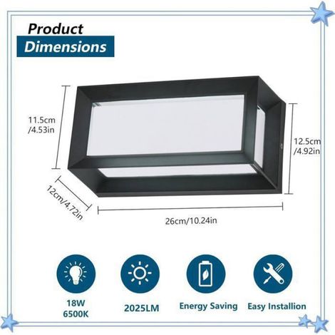 Applique Murale LED Exterieur/Interieur, 18W Applique Exterieure IP65 Etanche, 6500K Blanc Froid Lampe Murale Modernes en (1/5)