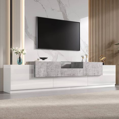Meuble TV 200 cm, banc TV avec 4 portes battantes, porte abattante, tiroir et plateau verre trempé, en MDF, Blanc (1/5)