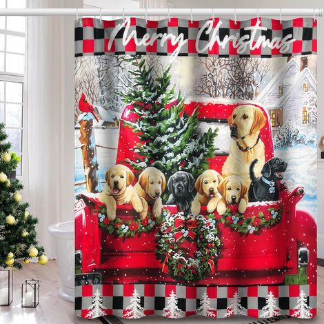 Weihnachtlicher Duschvorhang mit Welpenmotiv, 180 x 180 cm, schimmelresistent, waschbar, mit 12 Haken