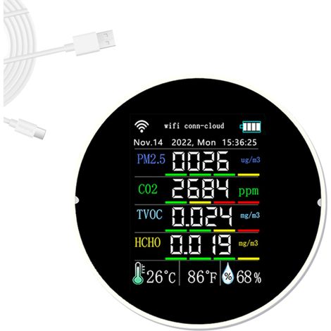 Testeur de qualité de l'air portable Tuya Wifi 7 en 1 : PM2.5, CO2, TVOC, HCHO, AQI, température, humidité, écran couleur, détecteur de dioxyde de carbone, compatible avec une application mobile et fo (1/5)