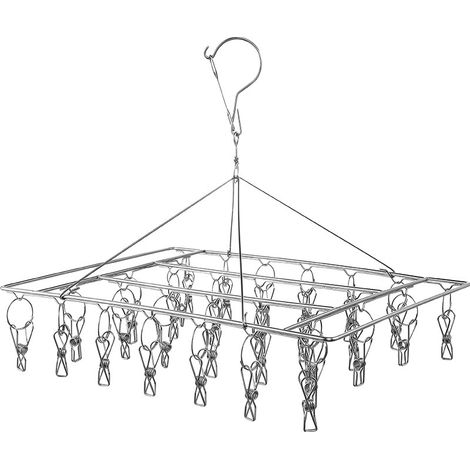 Séchoir à linge pliable en acier inoxydable avec 30 clips, durable et coupe-vent, séchoir à chaussettes pliable rectangulaire avec clips (1/5)