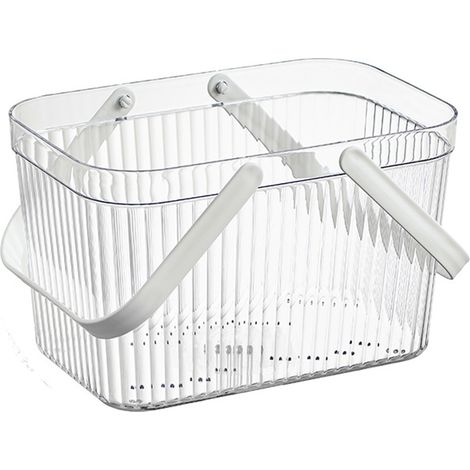 Panier de rangement pour salle de bain élégant, rayures transparentes, grande capacité, avec poignée, organisateur de douche blanc (1/5)