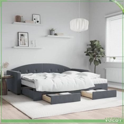 Lit de jour convertible 2 en 1 gris foncé 90 x 200 cm avec gigogne, 2 matelas mousse et 2 tiroirs (1/5)