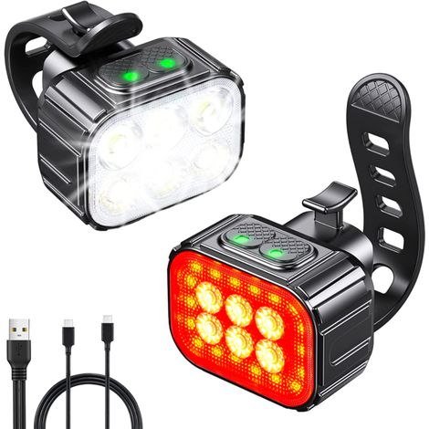 Set di luci per bicicletta: faro anteriore con 4 modalità di illuminazione, fanale posteriore a LED, impermeabile IPX65, ricarica USB, fari con batteria integrata da 1100 mAh, 6 LED, accessori per bic (1/5)