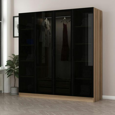 Armoire penderie design effet bois 4 portes verre H 210 cm BYRON (1/5)