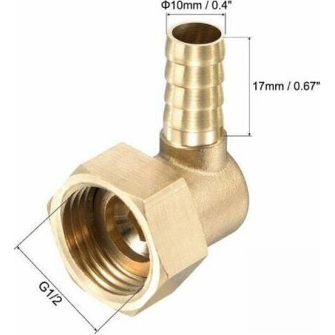 Schlauchwinkel aus Messing mit Widerhaken, 10 mm x G1/2 Innengewinde, mit drehbarer Überwurfmutter für Wasser, Kraftstoff und Luft – 2er-Pack (1/4)