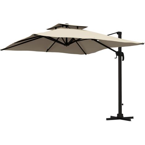 Parasol à bras articulé 3x3 m, inclinable sur 6 positions, en aluminium et polyester, kaki