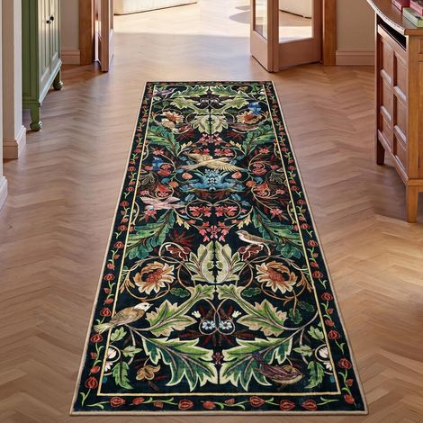 Tapis de couloir Bleu foncé 60×180cm, Tapis de cuisine avec motifs d'oiseaux, avec dos en caoutchouc antidérapant, tapis de sol long et lavable pour l'entrée, la chambre, la buanderie, le salon (1/5)