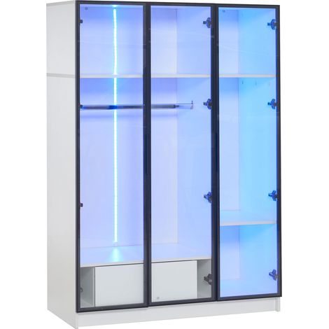 Weißer Kleiderschrank mit 3 Glastüren, Schublade, Kleiderstange und LED, 110 x 50 x 160 cm (1/5)
