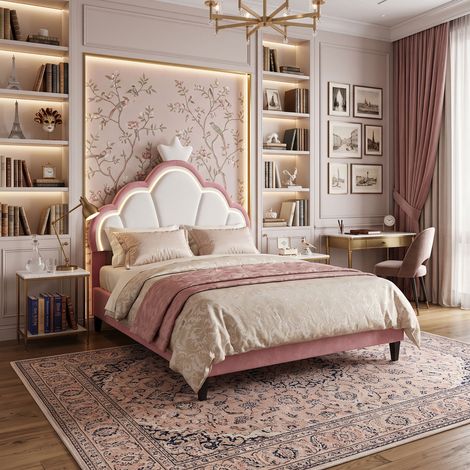 Creahappy Lit Enfant Rembourré 90x190 cm LED - Tête de Lit Couronne Réglable Velours - Style Princesse pour Chambre Fille - Rose et Blanc (1/5)