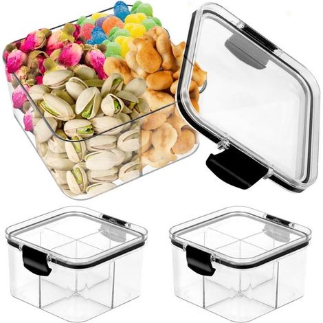 Bandeja de plástico para dulces con 4 compartimentos - Platos para pasteles con tapa para oficina, sofá y cajones - Juego de 2 (1/5)
