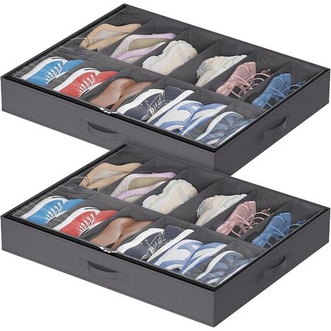 Sacs de Rangement Chaussures avec Fenêtre Transparente, Boite Rangement Sous Lit Pliable avec Poignées pour Chaussures, Organisateur Chaussures, Gris, 12 Compartiments, Lot de 2 (1/5)