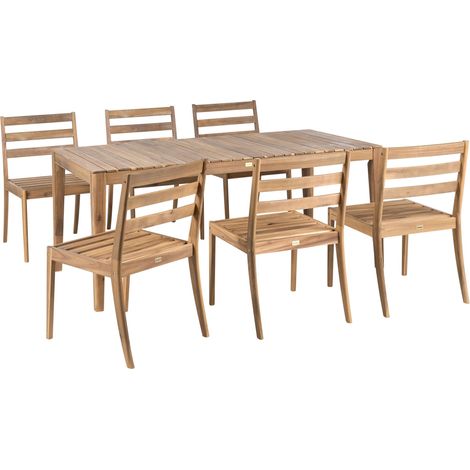 Set da pranzo da giardino rustico in legno di acacia certificato con 6 sedie e tavolo marrone chiaro Chioggia