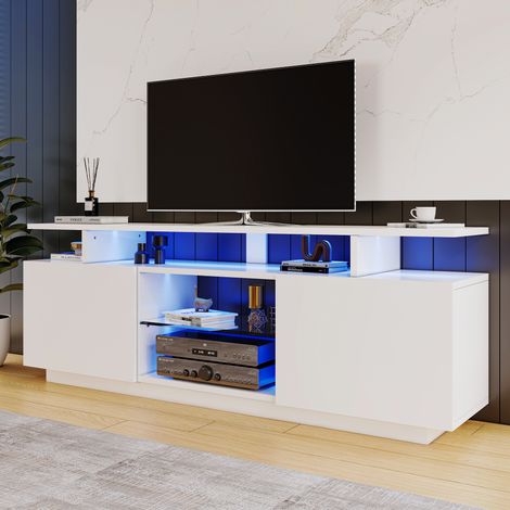 Mueble TV 140x35x55cm tira LED control por app tablero de partículas puertas alto brillo color blanco (1/5)