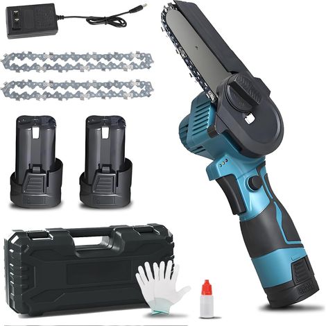 Mini tronçonneuse électrique sans fil – 10 cm (4 pouces) – 16,8 V – 1280 tr/min – Pour élagage et coupe de bois – 2 batteries 1500 mAh incluses – Prise UE – Couleur bleue (1/5)
