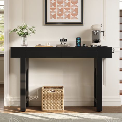 Meuble d’entrée noir avec tiroirs et prises, buffet à motif treillis, table étroite à patins ajustables pour hall et salon.