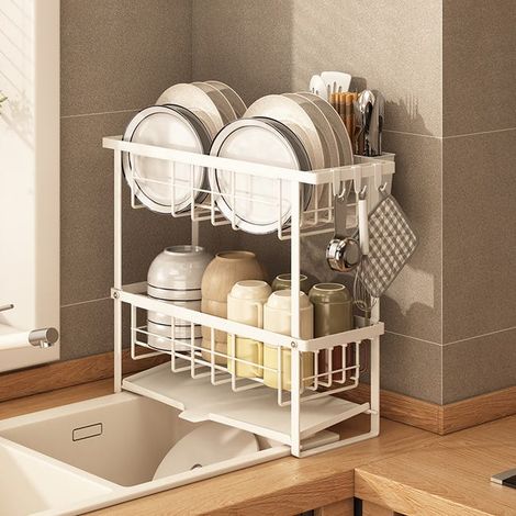 Scolapiatti bianco a due livelli + portaposate, ripiano stretto per finestra della cucina, scolapiatti per uso domestico (1/3)